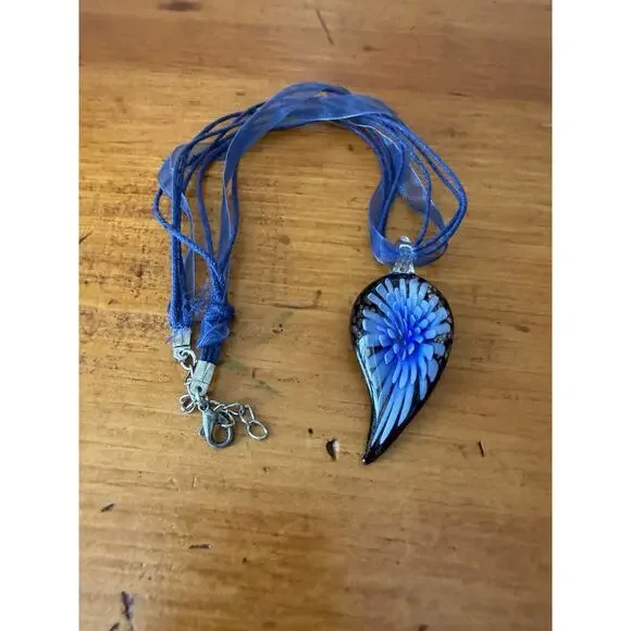 Art Glass Pendant Necklace Blue Floral + Extra Pendant Murano Style - Picture 3 of 15
